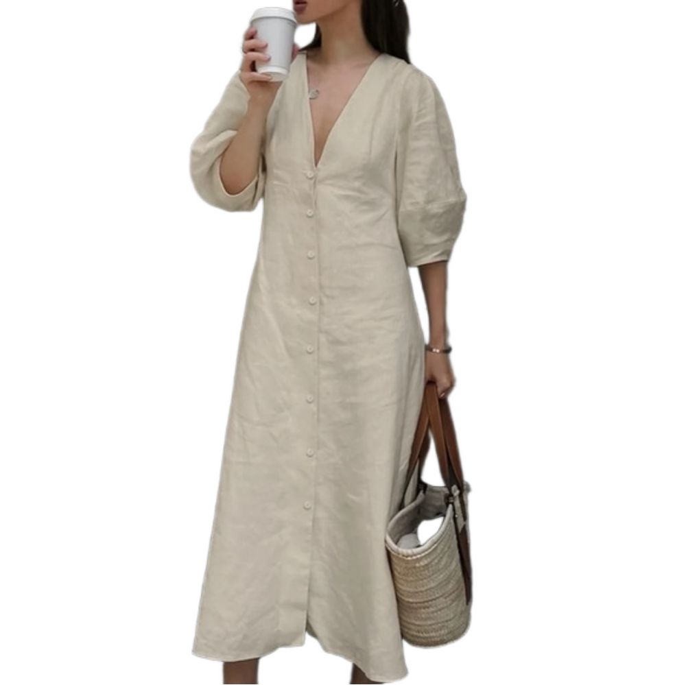 NWT Commense Cotton & Linen Button-Front Knotted Long Dress Small
